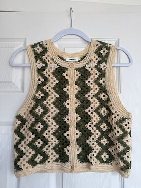 Sandro Crochet Button-Front Vest in Cream and Olive